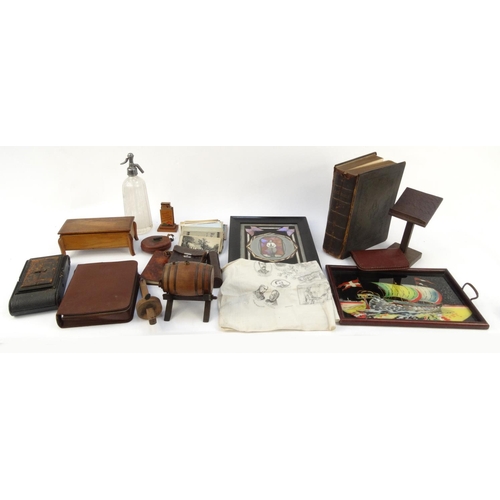 463 - * WITHDRAWN FROM SALE * Box of mostly wooden items including soda syphon, vanity set, butterfly wing... 