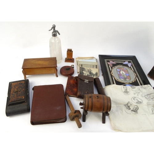 463 - * WITHDRAWN FROM SALE * Box of mostly wooden items including soda syphon, vanity set, butterfly wing... 