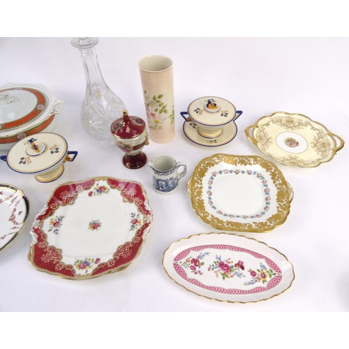 484 - Assorted china including Bridgewood tureens, Burleigh ware soup bowls, etc, and a crystal decanter w... 