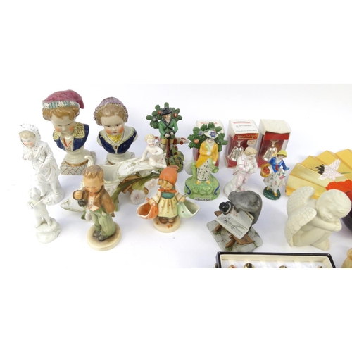 524 - Assorted china figures including pair of young boy and girl busts, Goebel girl carrying baskets, Sta... 