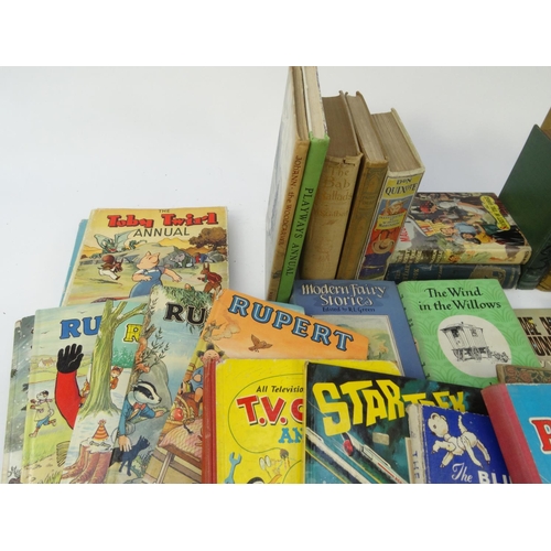 479 - Two boxes of vintage and later children's books including Rupert annuals, Don Quixote illustrated by... 