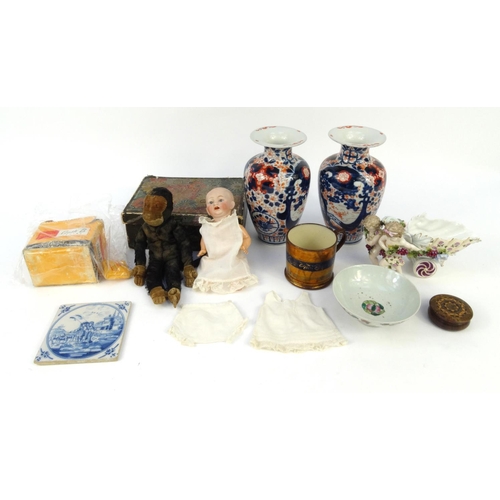 460 - Box of items including pair of oriental Imari patterned vases, 25cm high, bisque headed doll, vintag... 