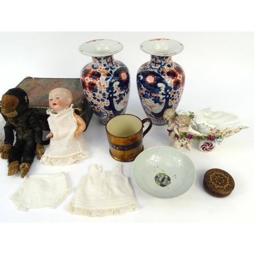 460 - Box of items including pair of oriental Imari patterned vases, 25cm high, bisque headed doll, vintag... 