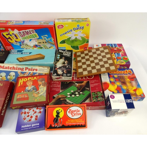 454 - Two boxes of vintage and later board games including Ker-Plunk, Connect 4, Othello, Monopoly, etc