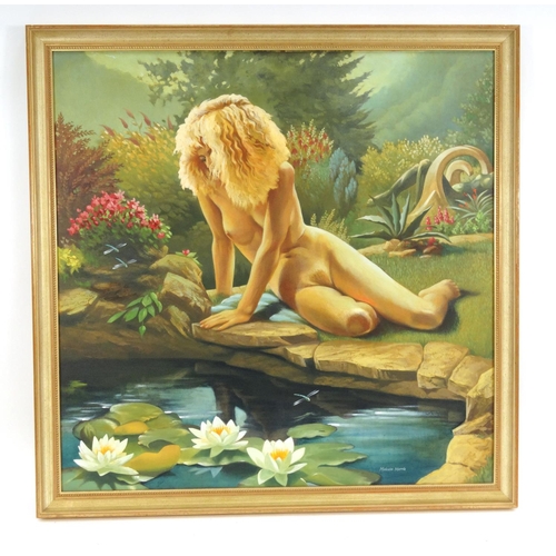 55 - Malcolm Morris - Large oil onto canvas of a nude female and a pond titled 'The Dragonfly Pond', gilt... 