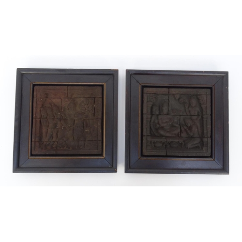 413 - Pair of Thai antique style plaques with ebonised wood frames, the plaques 19.5cm square