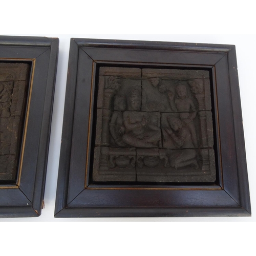 413 - Pair of Thai antique style plaques with ebonised wood frames, the plaques 19.5cm square