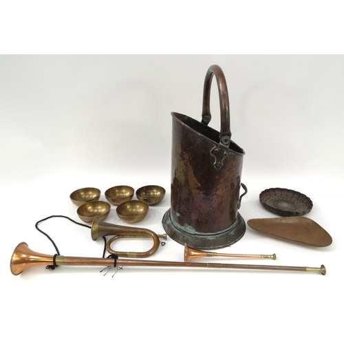 496 - Victorian copper coal scuttle with a selection of other copper and brass items including horns, East... 