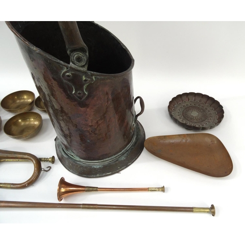 496 - Victorian copper coal scuttle with a selection of other copper and brass items including horns, East... 