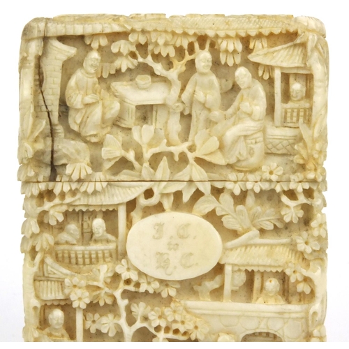 614 - Oriental Chinese ivory card case carved with elders, signature to inside, 9.5cm x 6cm