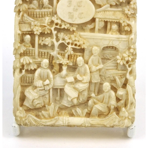 614 - Oriental Chinese ivory card case carved with elders, signature to inside, 9.5cm x 6cm