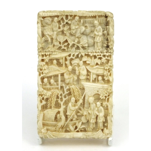 614 - Oriental Chinese ivory card case carved with elders, signature to inside, 9.5cm x 6cm