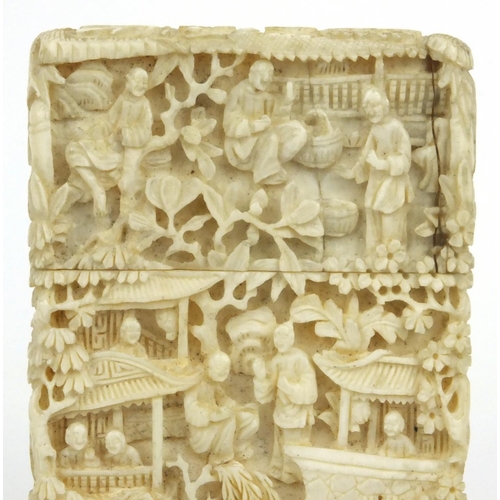 614 - Oriental Chinese ivory card case carved with elders, signature to inside, 9.5cm x 6cm