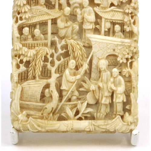 614 - Oriental Chinese ivory card case carved with elders, signature to inside, 9.5cm x 6cm