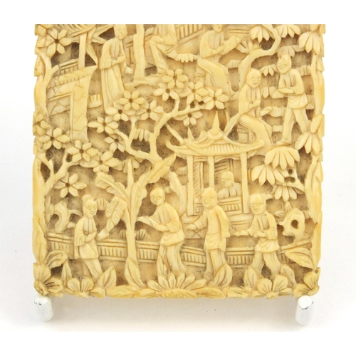 613 - Oriental Chinese ivory card case carved with scenes of elders, pagodas and trees, 9.5cm high