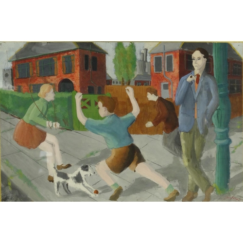 1352 - Gouache onto paper of a street scene with children playing, bearing a signature J. Minton, mounted a... 