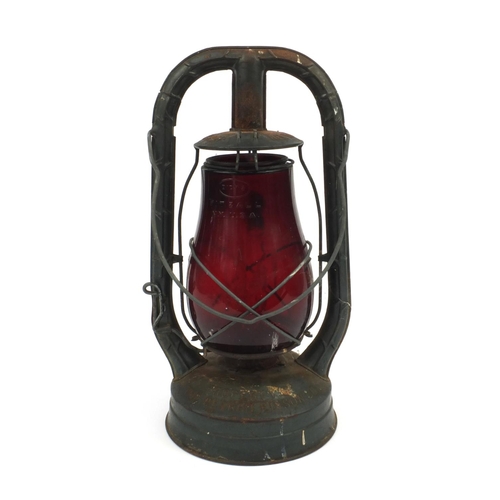 241 - Dietz American railway lantern with red glass shade, 'Property of the Detroit Edison Co, New York, U... 