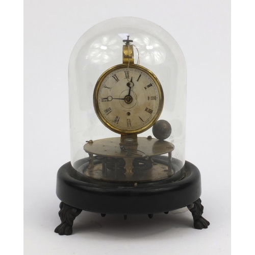 1307 - Victorian brass pendulum clock under a glass dome, Pat Aug 1855 , 19cms including the dome