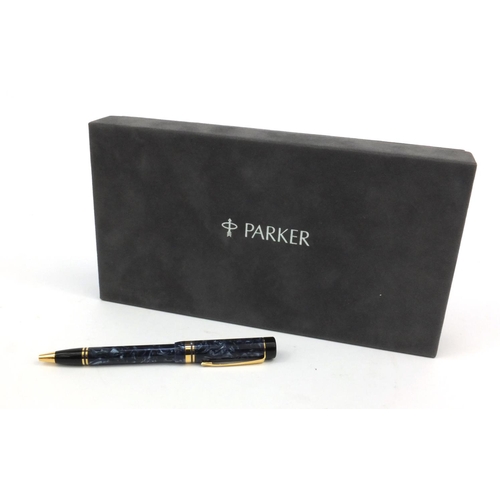 76 - Boxed Parker Duofold Centennial blue marbleised ballpoint pen