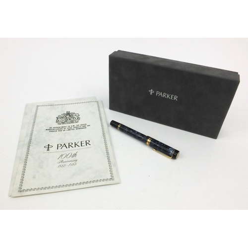 75 - Boxed Parker Duofold Centennial blue marbleised fountain pen with 18ct gold nib, 'Given to the Worke... 