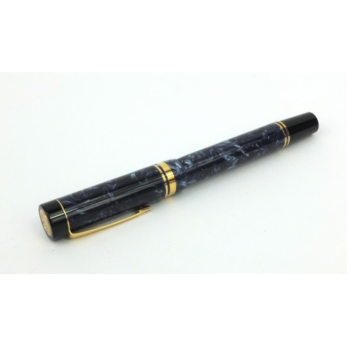 75 - Boxed Parker Duofold Centennial blue marbleised fountain pen with 18ct gold nib, 'Given to the Worke... 