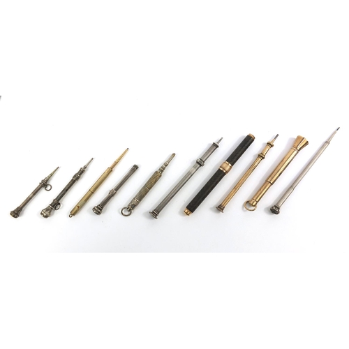 95 - Collection of mostly propelling pencils including silver coloured and gold coloured metal examples, ... 