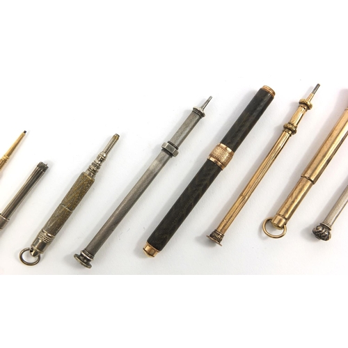 95 - Collection of mostly propelling pencils including silver coloured and gold coloured metal examples, ... 