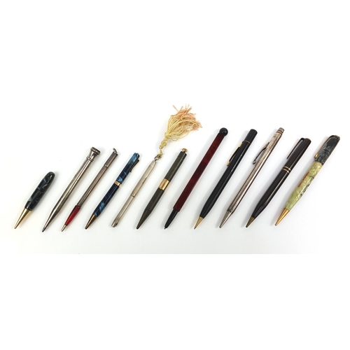 94 - Collection of mostly propelling pencils including marbleised examples, Eversharp, Sheaffer, one with... 