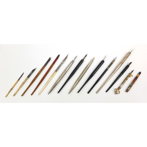 96 - Collection of dip pens including S. Mordan mother of pearl handled example, key shaped example, bone... 