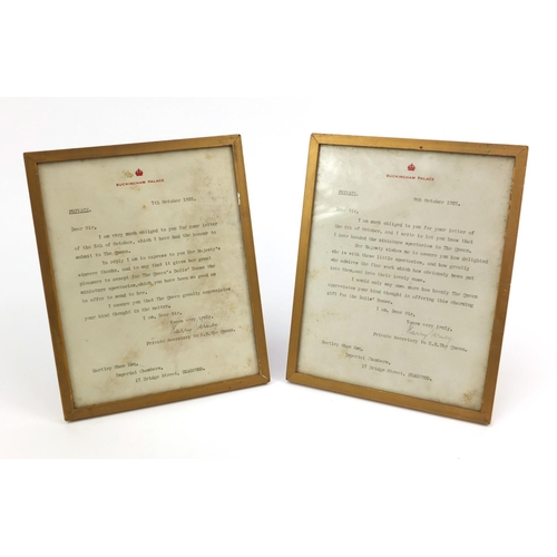 262 - Two framed Private Buckingham Palace 1925 letters signed by The Secretary to the Queen regarding a m... 