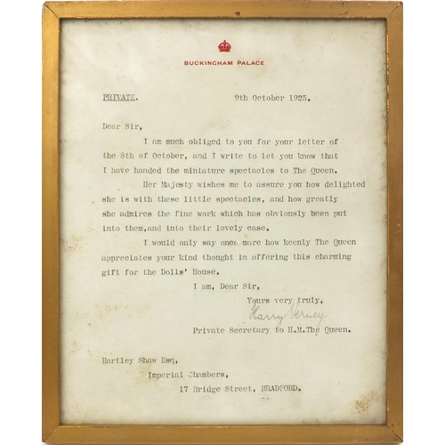 262 - Two framed Private Buckingham Palace 1925 letters signed by The Secretary to the Queen regarding a m... 