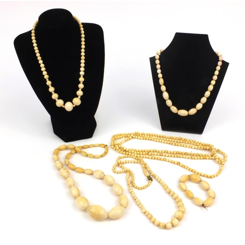 623 - Six ivory bead necklaces and a bracelet, the largest 148cm long, approximate weight 304.5g