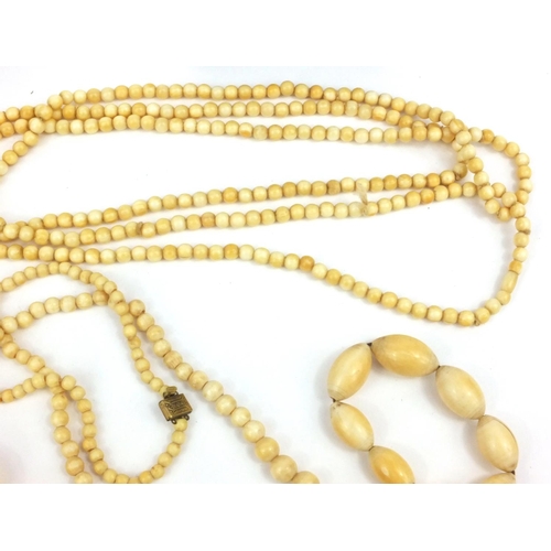 623 - Six ivory bead necklaces and a bracelet, the largest 148cm long, approximate weight 304.5g