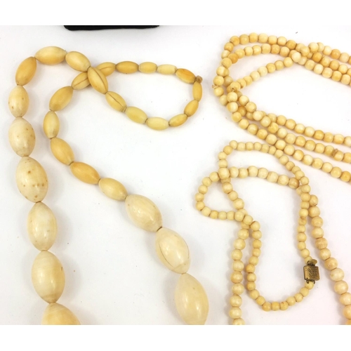 623 - Six ivory bead necklaces and a bracelet, the largest 148cm long, approximate weight 304.5g