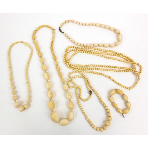 623 - Six ivory bead necklaces and a bracelet, the largest 148cm long, approximate weight 304.5g