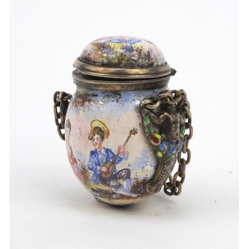 199 - Continental unmarked silver and enamel vinaigrette hand painted with musicians and lovers, with enam... 