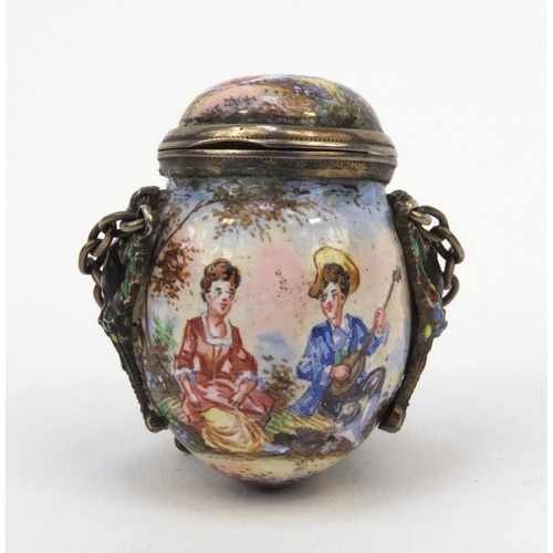 199 - Continental unmarked silver and enamel vinaigrette hand painted with musicians and lovers, with enam... 