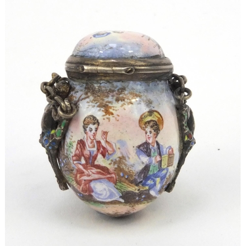 199 - Continental unmarked silver and enamel vinaigrette hand painted with musicians and lovers, with enam... 