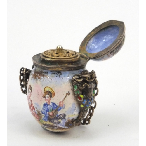 199 - Continental unmarked silver and enamel vinaigrette hand painted with musicians and lovers, with enam... 