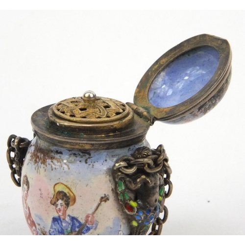 199 - Continental unmarked silver and enamel vinaigrette hand painted with musicians and lovers, with enam... 