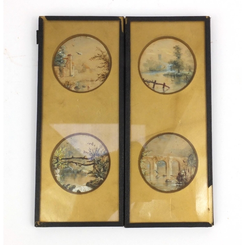 220 - Pair of framed miniature watercolours of church, pond, bridge and houses, each frame 19cm x 8cm