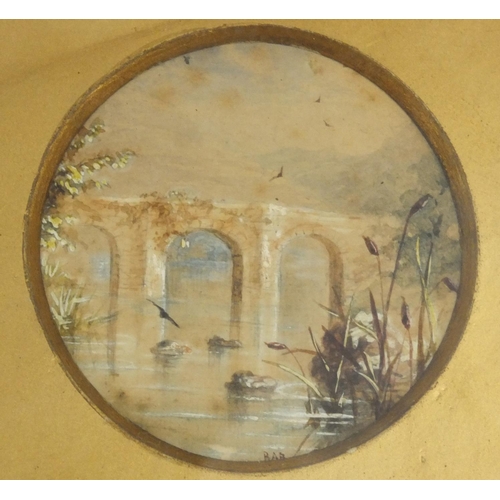 220 - Pair of framed miniature watercolours of church, pond, bridge and houses, each frame 19cm x 8cm