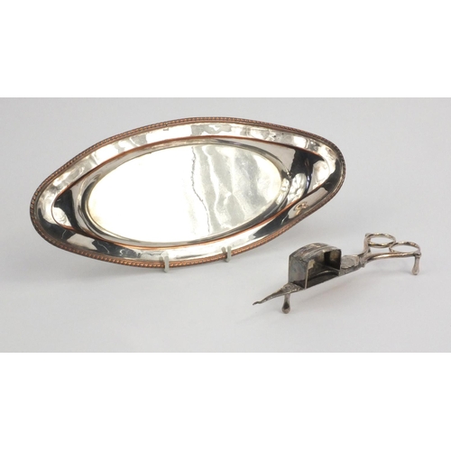 34 - Victorian Sheffield plated candle snuffer on tray, 28cm diameter