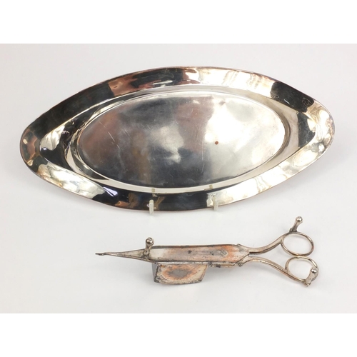 34 - Victorian Sheffield plated candle snuffer on tray, 28cm diameter