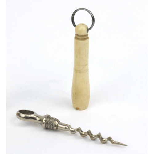 25 - Pillischer London ivory thermometer and an ivory steel corkscrew, the thermometer 13cm long