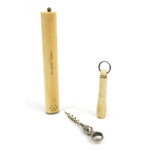 25 - Pillischer London ivory thermometer and an ivory steel corkscrew, the thermometer 13cm long