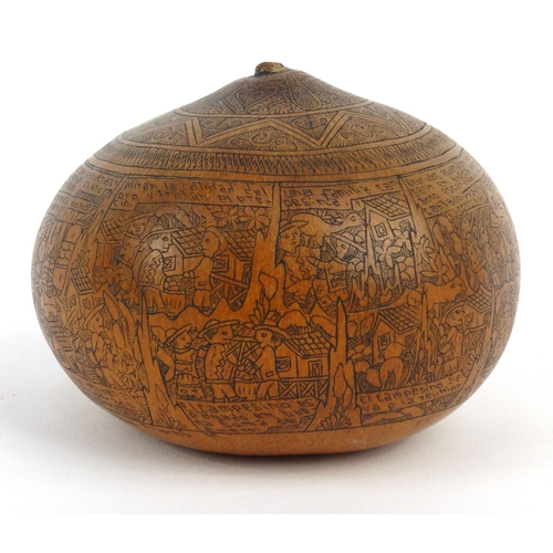 403 - Victorian penwork nut with scenes of storytelling, 10cm diameter