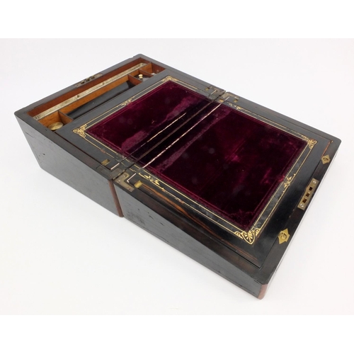 72 - Victorian metal inlaid coromandel writing slope with glass inkwells, 36cm x 18cm