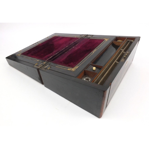 72 - Victorian metal inlaid coromandel writing slope with glass inkwells, 36cm x 18cm