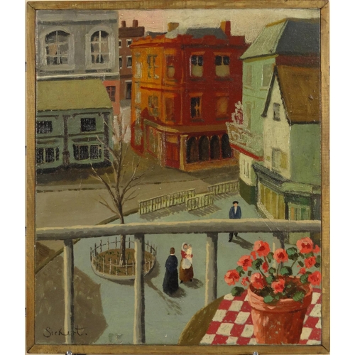 1330 - Oil onto board of a street scene with a mother holding a baby, bearing a signature Sickert, framed, ... 